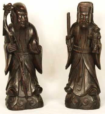 Two Carved Chinese Wooden Statues of Shouxing and Fuxing 
