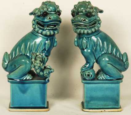 Pair of Blue Chinese Porcelain Foo Dogs