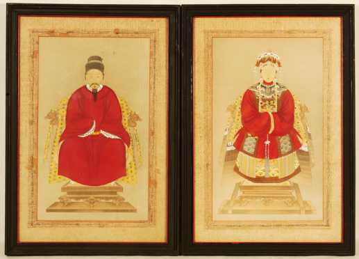 Pair of Japanese Ancestral Portraits of a husband and wife