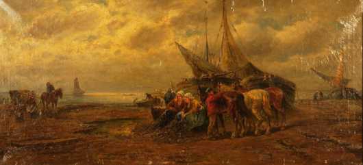 Dutch Oil on Canvas of a Seashore Scene with fisherman 