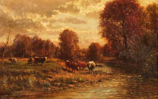 William Preston Phelps, oil on canvas landscape of cows grazing