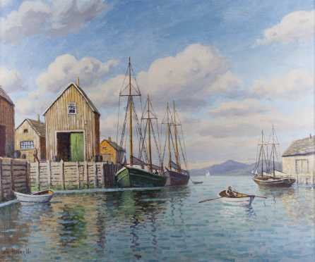 William Frederick Paskell, painting of a Maine, Harbor Scene.
