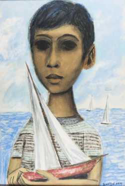 Juan DePrey painting of a boy holding a sailboat