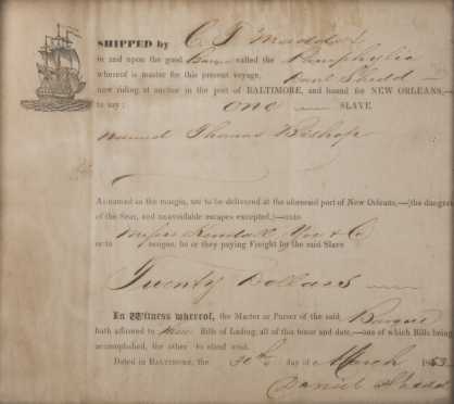 1853 bill of lading for slave Thomas Bishop,