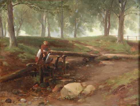 Abbot Henderson Thayer, oil on canvas of a forest landscape with a female figure drawing water, initial signed lower left, "A.H.T,"