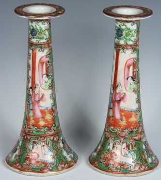 Pair of Chinese Export Rose Medallion Candlesticks