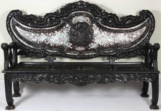 Chinese parlor set, heavily carved with mother of pearl inlay