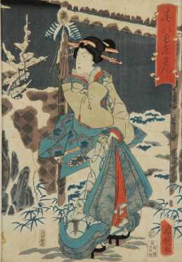 Japanese Block Print of a Beauty Standing in a Snowy Landscape