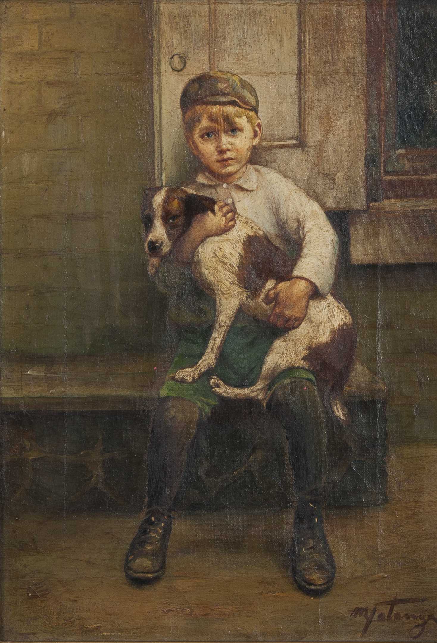 a boy and his dog painting