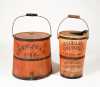 Two Red Painted Wooden Staved and Metal Banded Buckets
